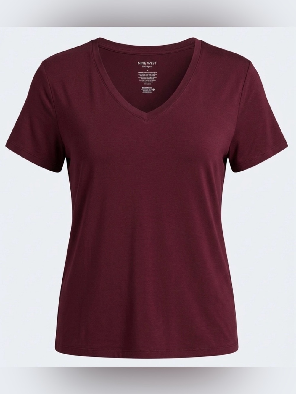 Nine West Soft Spun Women's V-Neck T-Shirt Size L Burgundy Short Sleeve Tee